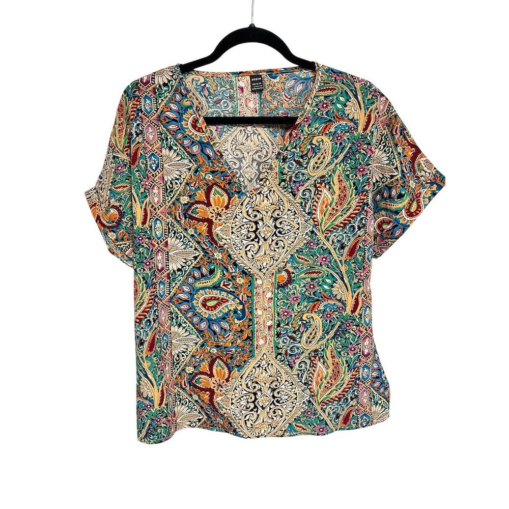 SHEIN Blouse Womens Size L Multicolor Boho Paisley Floral V-Neck Short